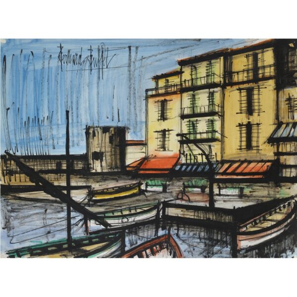 Mixed media (gouache, Indian ink and pencil) depicting the fishing port of Saint-Tropez, boats and buildings, preparatory drawing by Bernard Buffet, 1979