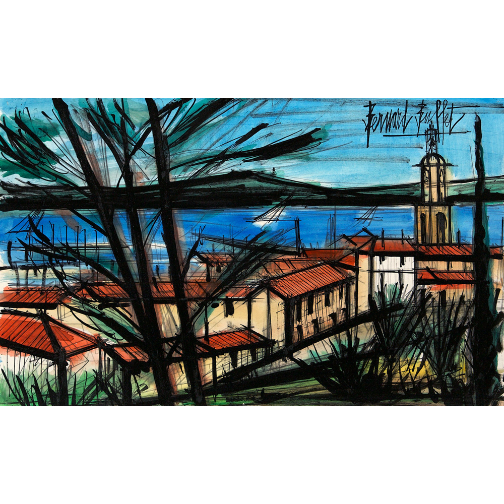 Mixed media depicting a bird's-eye view of Saint-Tropez from inland, with typical Mediterranean vegetation and buildings.