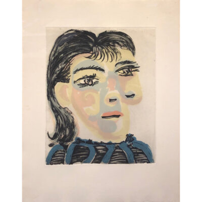 Tête de femme jaune, bleue, rose, gravure